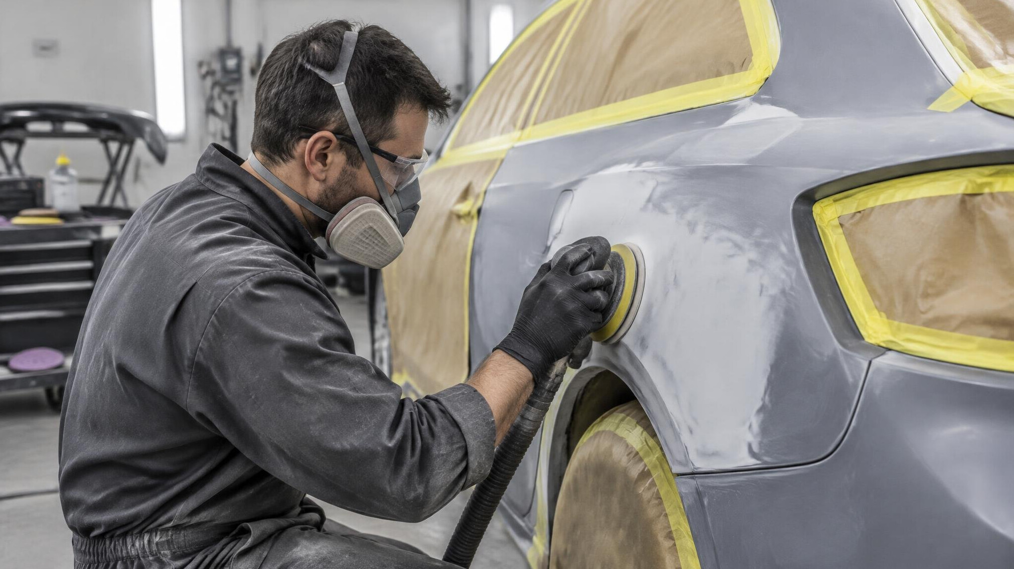 Technician preparing a car panel for repainting