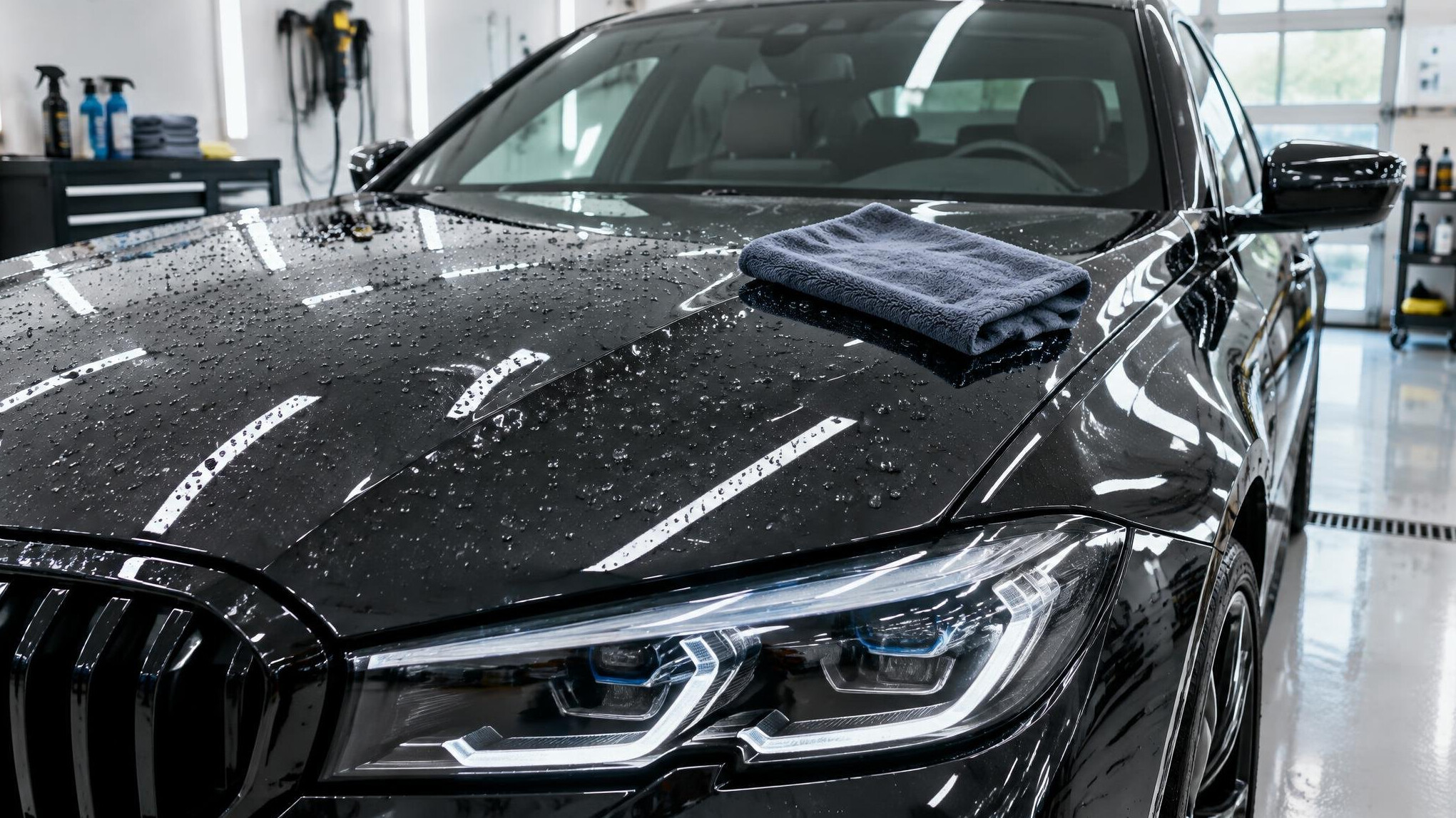 Detailer drying a freshly polished car with a microfiber cloth