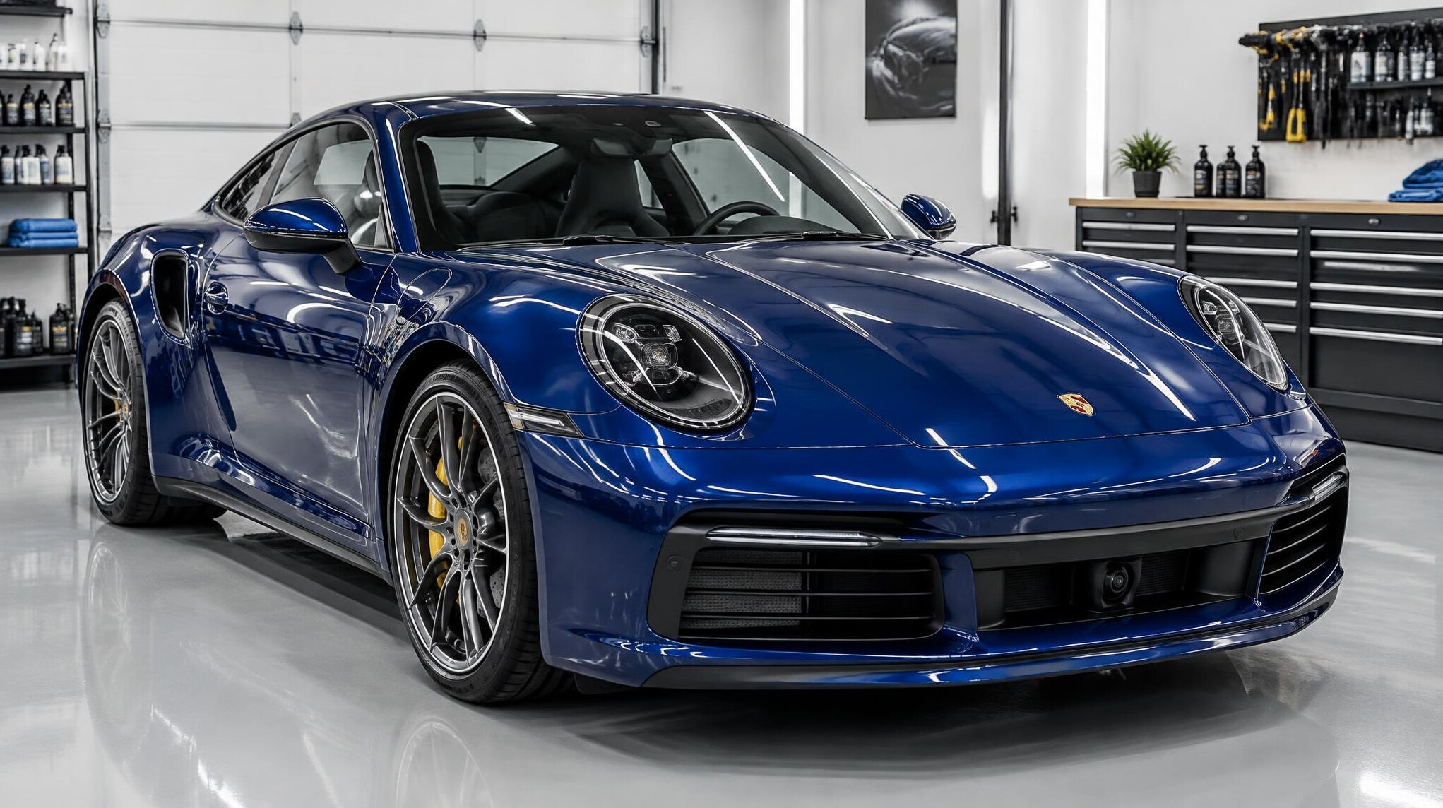 Glossy blue car with a freshly restored paint finish in a workshop